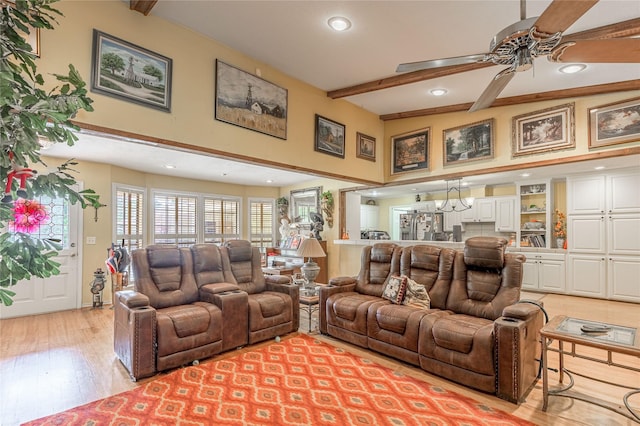 459 Brookwood Dr, Diboll, TX 75941 - living area featuring ceiling fan, recessed lighting, light wood-style floors, and beamed ceiling