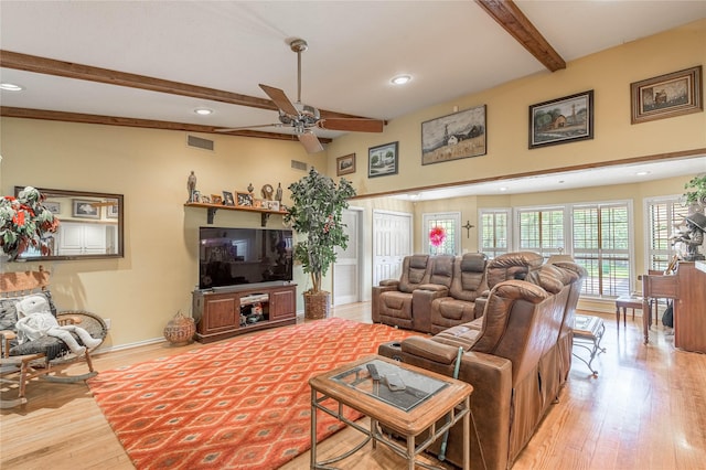 459 Brookwood Dr, Diboll, TX 75941 - living room with beam ceiling, a ceiling fan, recessed lighting, and wood finished floors