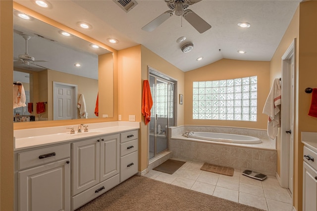 459 Brookwood Dr, Diboll, TX 75941 - bathroom with ceiling fan, vanity, a garden tub, recessed lighting, and a shower stall