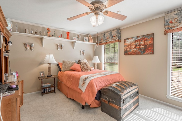 459 Brookwood Dr, Diboll, TX 75941 - bedroom with carpet floors, crown molding, and a ceiling fan