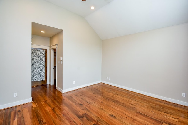 5238 Nett St, Houston, TX 77007 - empty room featuring hardwood / wood-style flooring, vaulted ceiling, ceiling fan, and recessed lighting