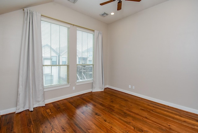 5238 Nett St, Houston, TX 77007 - empty room featuring a ceiling fan, hardwood / wood-style floors, recessed lighting, and vaulted ceiling