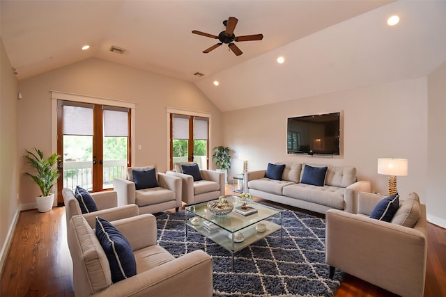 5238 Nett St, Houston, TX 77007 - living room with french doors, vaulted ceiling, wood finished floors, recessed lighting, and ceiling fan