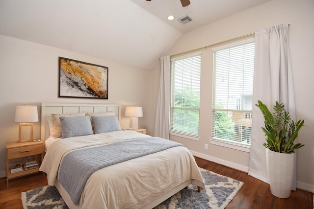 5238 Nett St, Houston, TX 77007 - bedroom with lofted ceiling, dark wood-style flooring, ceiling fan, and recessed lighting