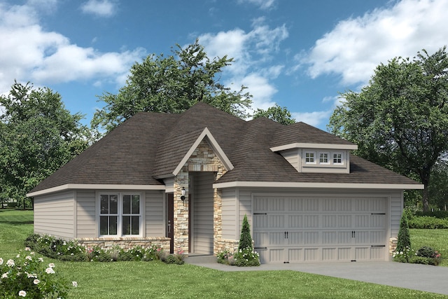 1414 Whitney Ln, Brenham, TX 77833 - view of front of home with stone siding, a front lawn, an attached garage, and concrete driveway