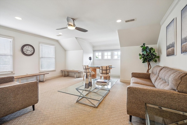 1518 Dunlavy St, Houston, TX 77006 - living area featuring a ceiling fan, recessed lighting, light carpet, vaulted ceiling, and crown molding