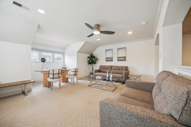 1518 Dunlavy St, Houston, TX 77006 - living room featuring ceiling fan, crown molding, recessed lighting, and light carpet