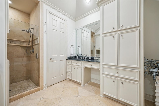 1518 Dunlavy St, Houston, TX 77006 - bathroom featuring a stall shower, vanity, tile patterned flooring, and crown molding