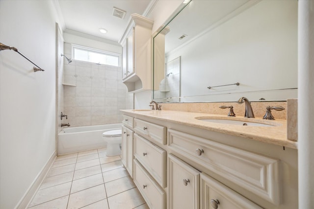 1518 Dunlavy St, Houston, TX 77006 - full bathroom with double vanity, tile patterned flooring, crown molding, and bathing tub / shower combination