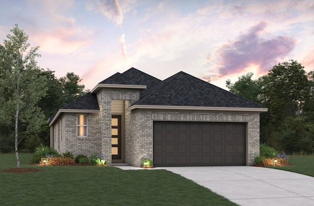 20919 Carriage Harness Way, Tomball, TX 77377 - view of front of home with an attached garage, brick siding, concrete driveway, a front yard, and roof with shingles