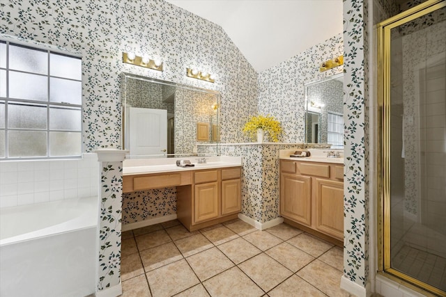 2016 Fairwood St, Pearland, TX 77581 - bathroom with wallpapered walls, healthy amount of natural light, tile patterned floors, lofted ceiling, and a stall shower