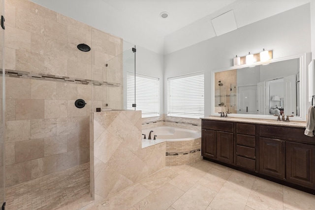 6531 Glenhill Dr, Spring, TX 77389 - bathroom featuring tiled shower, a garden tub, double vanity, and tile patterned flooring
