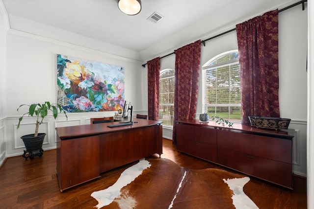 6531 Glenhill Dr, Spring, TX 77389 - office space with dark wood-style flooring, a wainscoted wall, and a decorative wall
