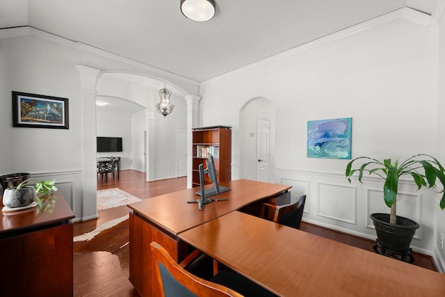 6531 Glenhill Dr, Spring, TX 77389 - office space with decorative columns, arched walkways, crown molding, dark wood-style flooring, and a decorative wall
