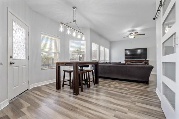 19602 Hardwood Ridge Trl, Cypress, TX 77429 - dining room featuring wood finished floors and a ceiling fan
