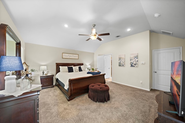 12311 Hawthorne Dr, Montgomery, TX 77356 - bedroom featuring lofted ceiling, light carpet, ceiling fan, and recessed lighting