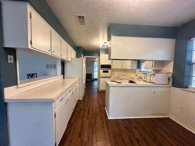 1215 Briar Ln, Wharton, TX 77488 - kitchen featuring white appliances, dark wood-type flooring, a peninsula, a textured ceiling, and healthy amount of natural light