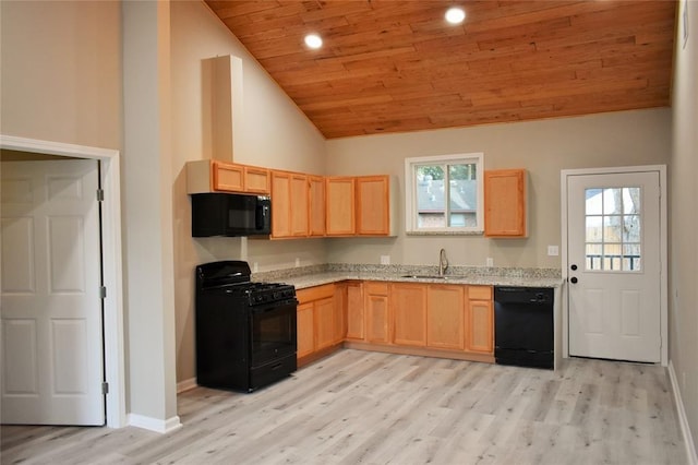 815 Leonard Ave, Richmond, TX 77469 - kitchen featuring black appliances, light brown cabinetry, wooden ceiling, light wood-style floors, and light stone countertops