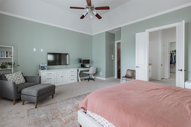 1207 W 25th St, Houston, TX 77008 - bedroom with light colored carpet, an office area, ornamental molding, and ceiling fan