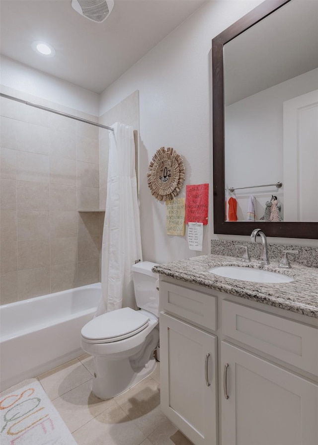 1207 W 25th St, Houston, TX 77008 - bathroom featuring vanity, shower / tub combo with curtain, tile patterned flooring, and recessed lighting