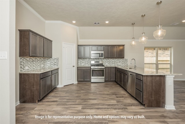 1449 Lake Ridge Dr, Brenham, TX 77833 - kitchen with appliances with stainless steel finishes, a peninsula, backsplash, wood finished floors, and dark brown cabinetry
