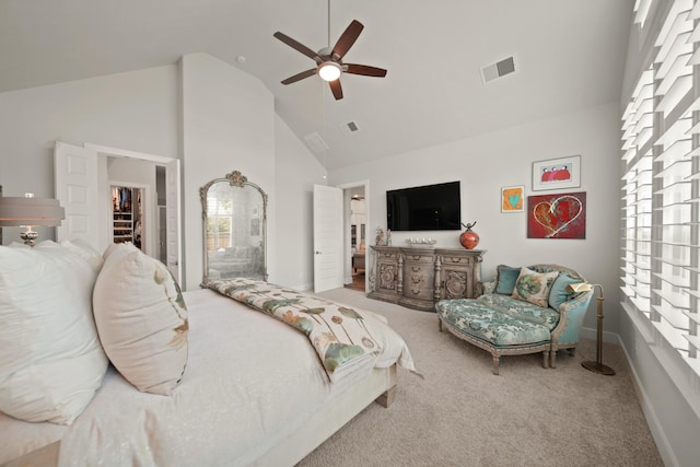 13305 Newcastle Creek Ct, Houston, TX 77059 - bedroom with high vaulted ceiling, carpet flooring, multiple windows, and a ceiling fan