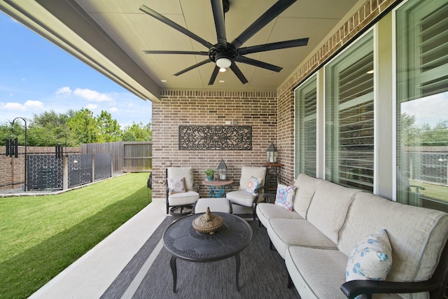 13305 Newcastle Creek Ct, Houston, TX 77059 - fenced backyard with a ceiling fan, an outdoor hangout area, and a patio area