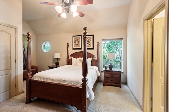 12902 Tamarack Bend Ln, Humble, TX 77346 - bedroom with light colored carpet, multiple windows, lofted ceiling, and a ceiling fan