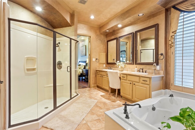 12902 Tamarack Bend Ln, Humble, TX 77346 - full bathroom featuring ornamental molding, double vanity, a shower stall, a tub with jets, and recessed lighting