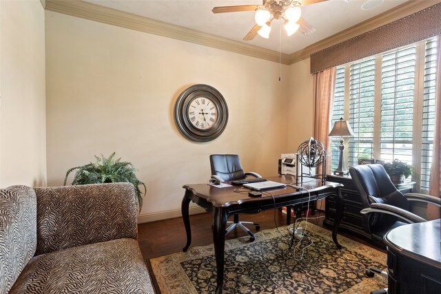 12902 Tamarack Bend Ln, Humble, TX 77346 - office space featuring wood finished floors, a ceiling fan, and ornamental molding