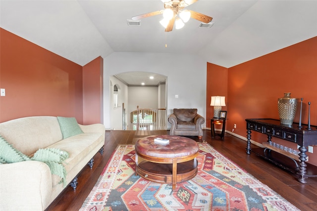 12902 Tamarack Bend Ln, Humble, TX 77346 - living area featuring arched walkways, ceiling fan, vaulted ceiling, and wood finished floors