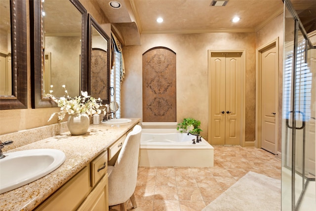 12902 Tamarack Bend Ln, Humble, TX 77346 - bathroom featuring ornamental molding, a bath, double vanity, a shower stall, and recessed lighting