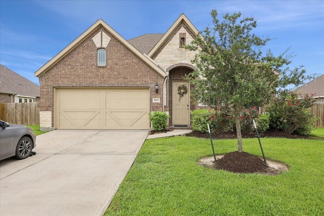 9111 Regan Way, Mont Belvieu, TX 77523 - view of front of property with brick siding, concrete driveway, stone siding, and a garage