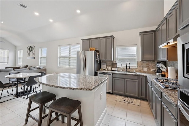 9111 Regan Way, Mont Belvieu, TX 77523 - kitchen with appliances with stainless steel finishes, lofted ceiling, light tile patterned flooring, open floor plan, and light stone countertops