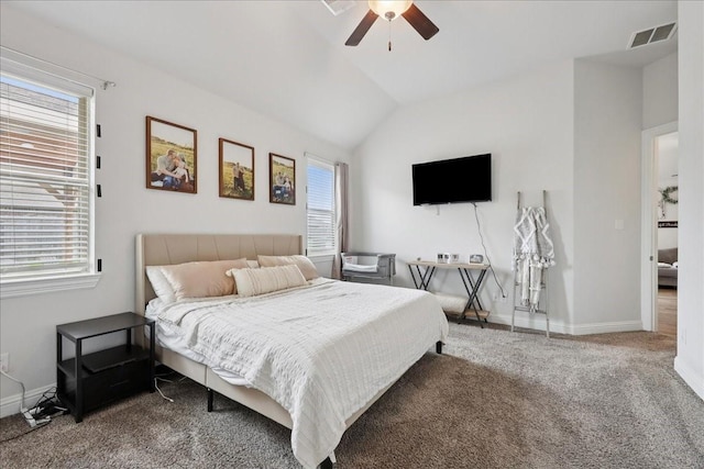 9111 Regan Way, Mont Belvieu, TX 77523 - carpeted bedroom featuring lofted ceiling and a ceiling fan