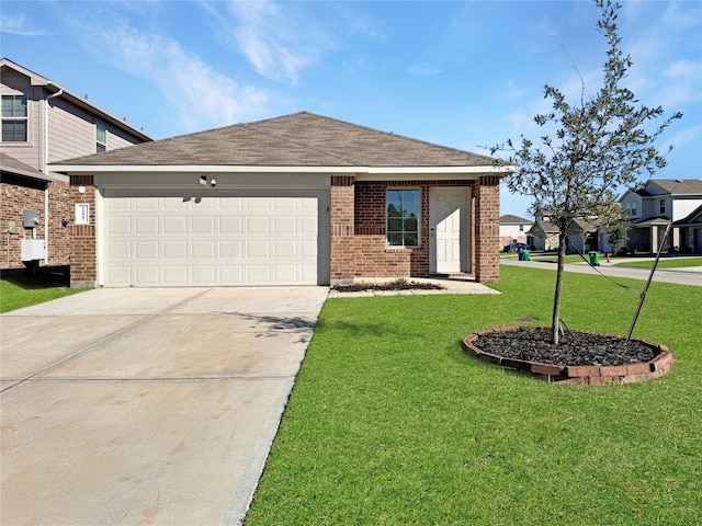 14047 Thunder Pines Dr, Conroe, TX 77302 - view of front of home with brick siding, concrete driveway, a front yard, a garage, and a shingled roof