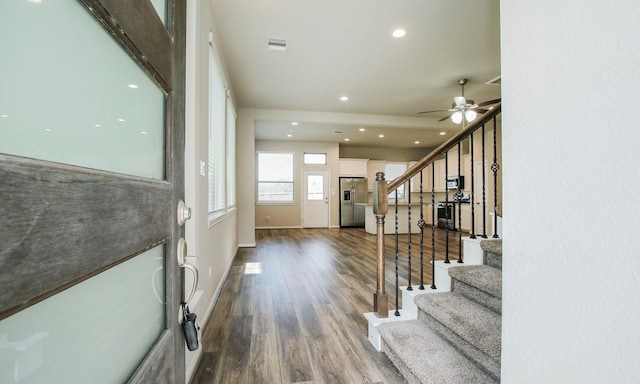 239 Biltmore Loop, Montgomery, TX 77316 - entryway with stairway, wood finished floors, ceiling fan, and recessed lighting