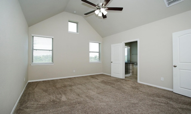 239 Biltmore Loop, Montgomery, TX 77316 - unfurnished bedroom featuring carpet flooring, high vaulted ceiling, ensuite bathroom, and a ceiling fan