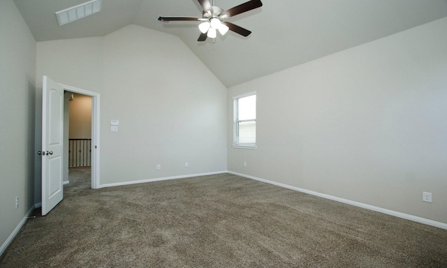 239 Biltmore Loop, Montgomery, TX 77316 - unfurnished bedroom featuring dark colored carpet, high vaulted ceiling, and ceiling fan