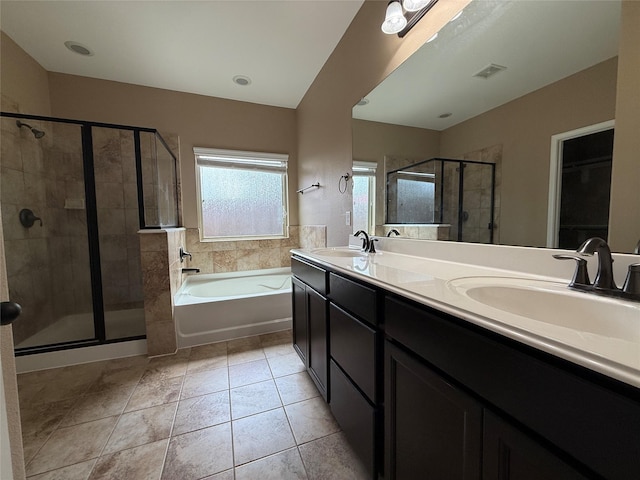18227 Dusty Terrace Ln, Katy, TX 77449 - full bath with a shower stall, a bath, double vanity, and tile patterned floors