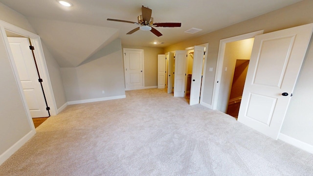 58 Lantana Ct, Lake Jackson, TX 77566 - unfurnished bedroom featuring light colored carpet, recessed lighting, lofted ceiling, and a ceiling fan