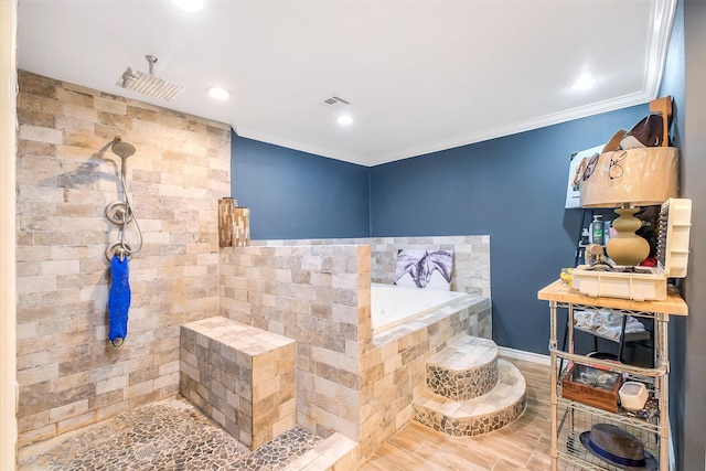 36602 Hondo Rd, Simonton, TX 77485 - bathroom with a tile shower, a garden tub, recessed lighting, wood finished floors, and crown molding