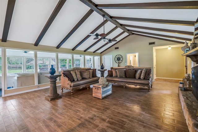 36602 Hondo Rd, Simonton, TX 77485 - living room featuring a ceiling fan, wood finished floors, beamed ceiling, and high vaulted ceiling