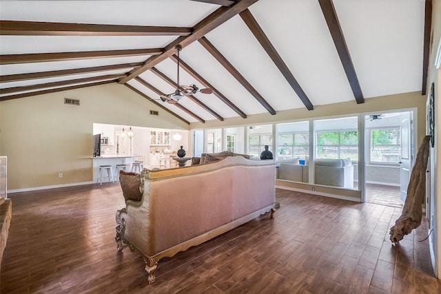 36602 Hondo Rd, Simonton, TX 77485 - living room featuring beam ceiling, dark wood-style floors, a chandelier, high vaulted ceiling, and ceiling fan