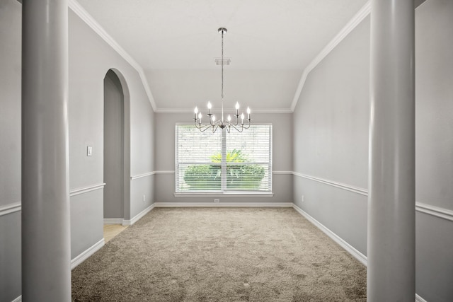 16115 Woodbend Trail Dr, Houston, TX 77070 - carpeted spare room with arched walkways, crown molding, a chandelier, and lofted ceiling