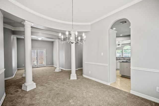 16115 Woodbend Trail Dr, Houston, TX 77070 - unfurnished dining area with light colored carpet, healthy amount of natural light, ornamental molding, and a chandelier