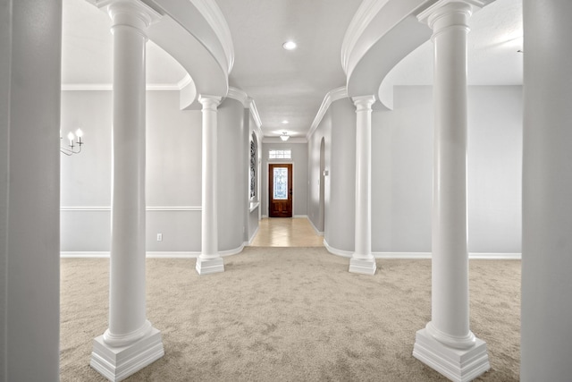 16115 Woodbend Trail Dr, Houston, TX 77070 - foyer with carpet flooring, crown molding, and recessed lighting
