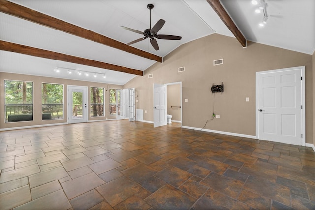 2540 Howell Rd, Corrigan, TX 75939 - unfurnished living room featuring a ceiling fan, beam ceiling, high vaulted ceiling, and rail lighting