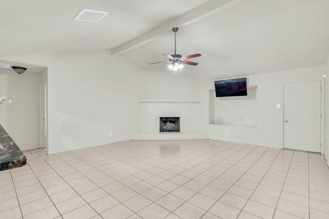 9403 Pinole Ln, Houston, TX 77086 - unfurnished living room with a ceiling fan, a fireplace, and light tile patterned floors