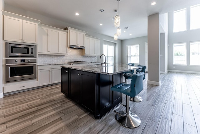 10318 Easterly Ln, Cypress, TX 77433 - kitchen featuring stainless steel appliances, under cabinet range hood, recessed lighting, light wood-style flooring, and light stone counters